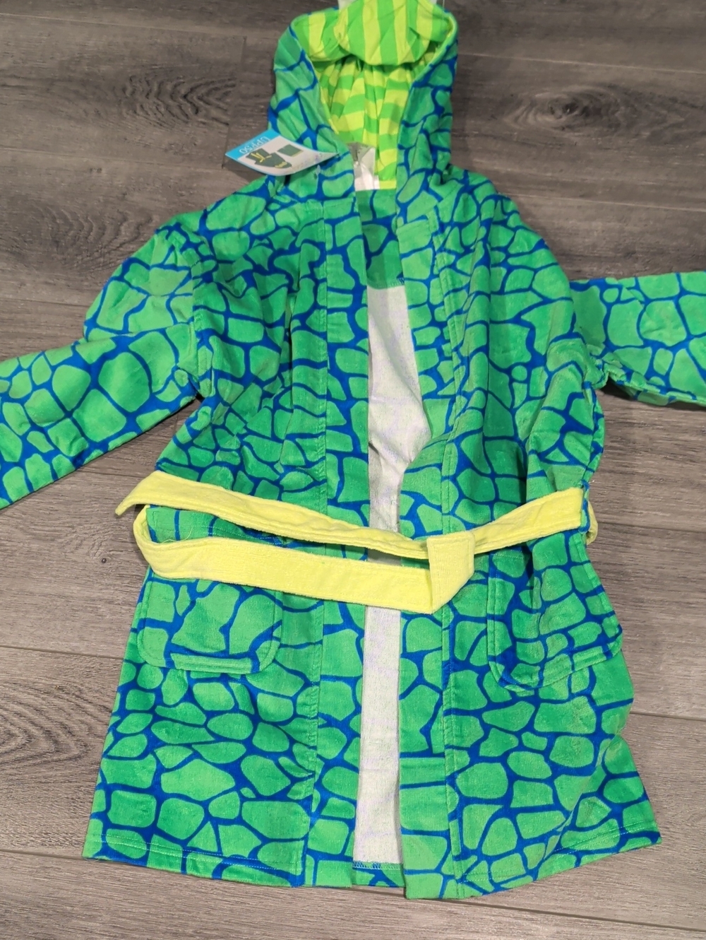 Green & Blue Kids' Hooded Bathrobe with Yellow Belt